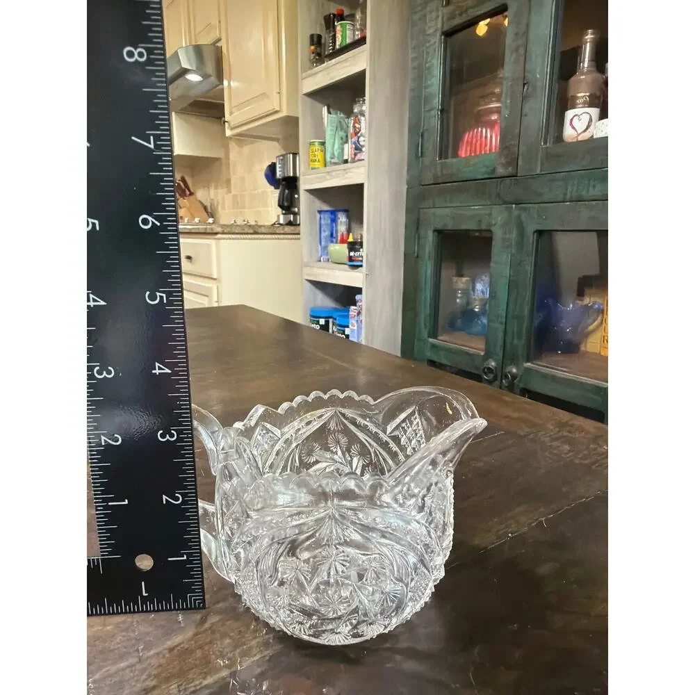 Antique ABP Cut Crystal Glass Creamer Hobstar Diamond Fan Scalloped Rim